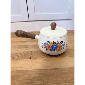 Vintage 70s Kamenstein Floral Enamel Cast Iron Fondue Pot Sauce Pot Wood Handle